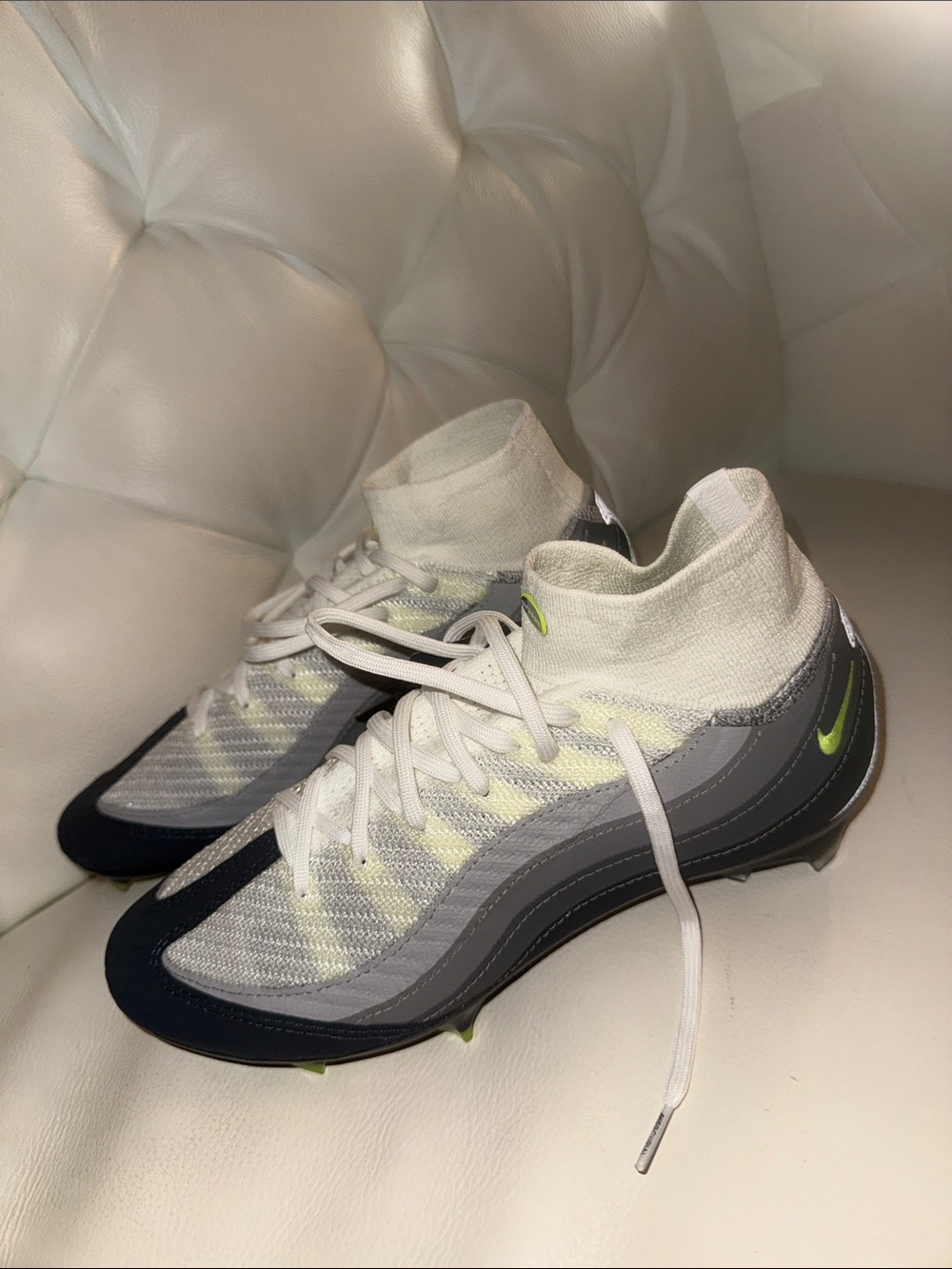 Nike White Knit High-Top cleats with Gray Accents